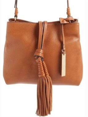 Vince Camuto Taro whisky Leather Tassel Crossbody Bag gold hardware